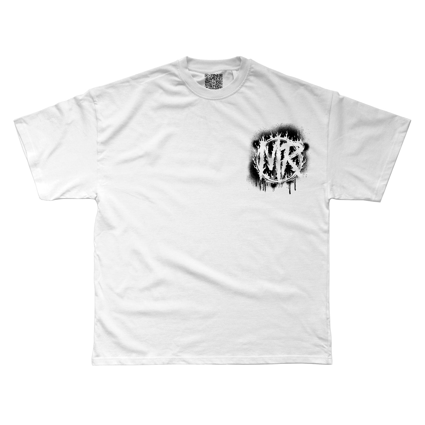White t-shirt with black spray paint graphic design on a white background